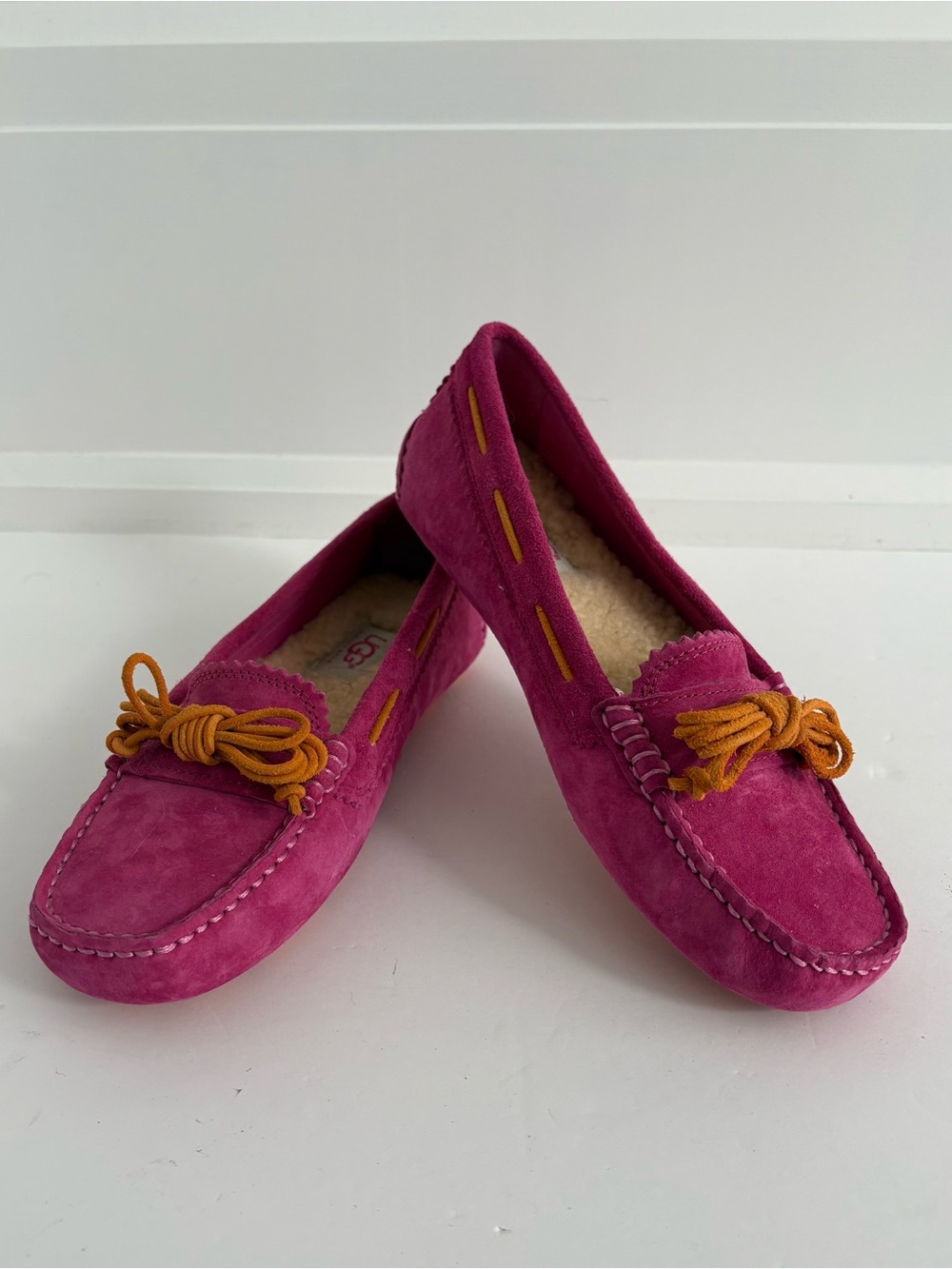 UGG Meena Suede Moccasins in Fuchsia with Orange Bow - Women’s Size 5.5 - NWOB
